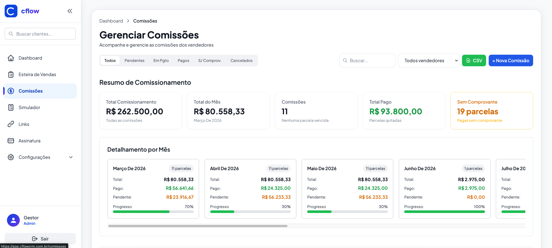CFlow CRM — cálculo automático de comissões